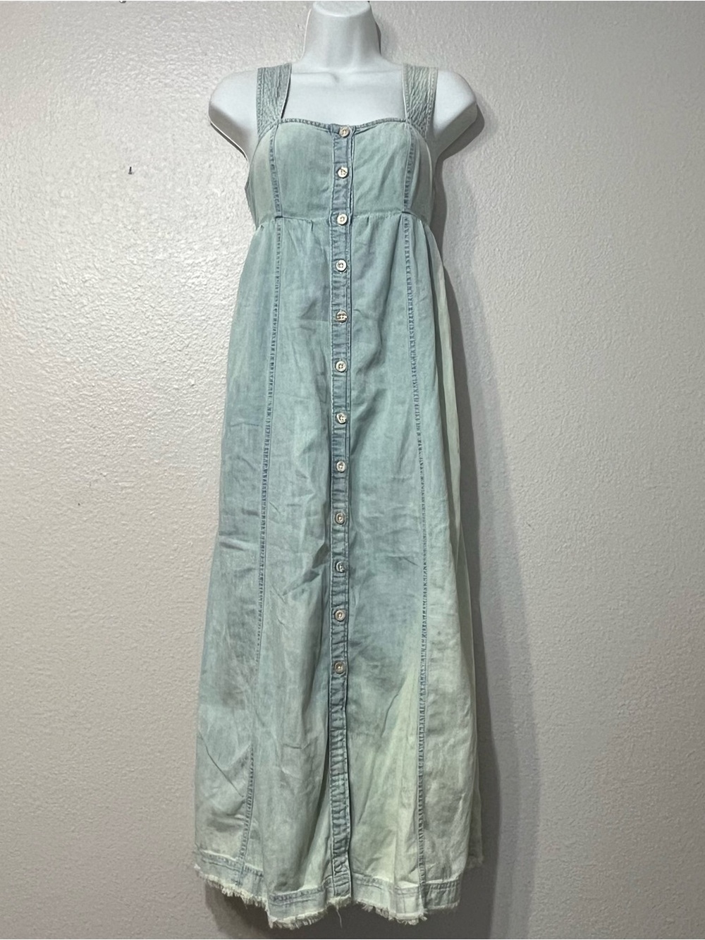 Pilcro Chambray Midi Dress Anthropologie Denim Button Front Bow Back XS Pockets